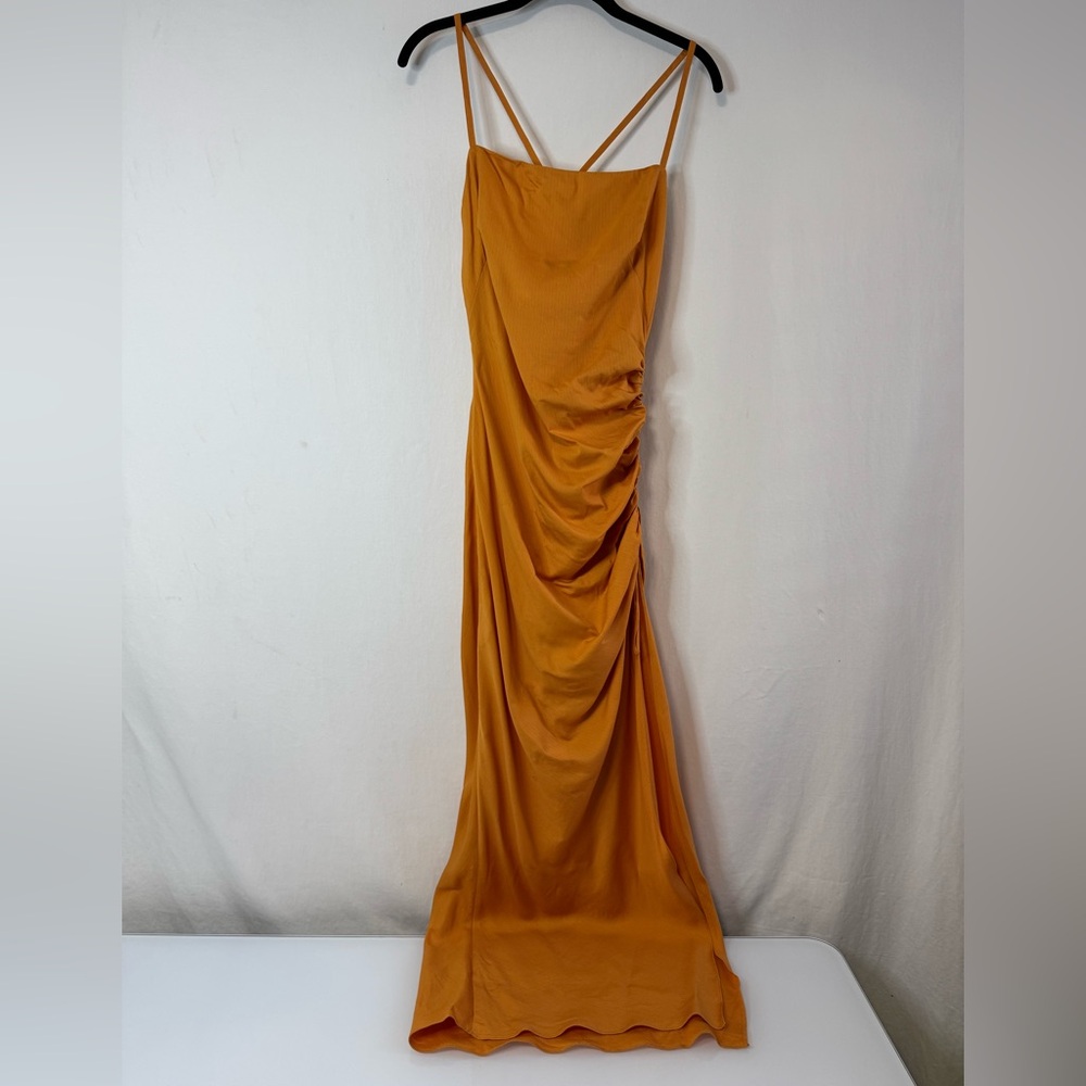 Zara Women's Orange Ruched Side Slit Linen Blend Dress Size S
